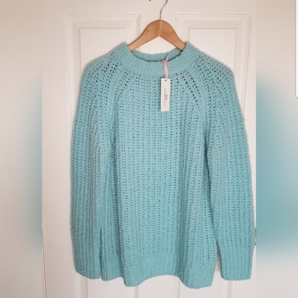 NWT Vineyard Vines Fisherman Ribbed Sweater Capri Blue Wool blend lightweight M